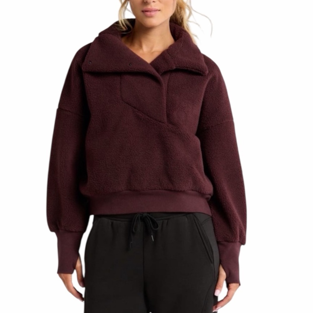 ZELLA Faux Shearling Funnel Neck Pullover Maroon Size Small
